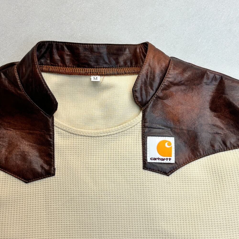 Reworked Carhartt Western Thermal Shirt Cream Brown Faux Leather Yoke M